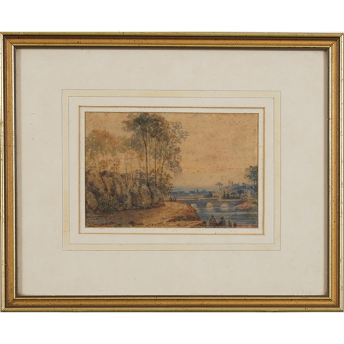 1691 - River landscapes with figures fishing and figure before trees, three 19th century and later watercol... 