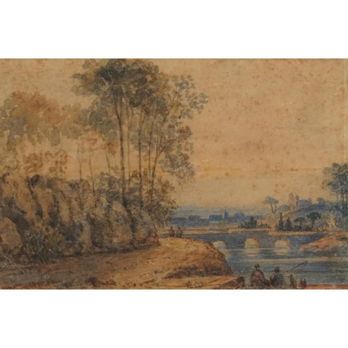 1691 - River landscapes with figures fishing and figure before trees, three 19th century and later watercol... 