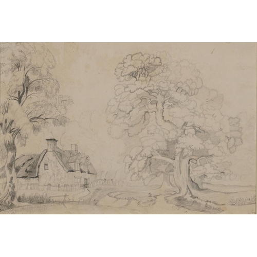 1499A - Thatched cottage beside trees and continental mountainous landscape, two 18th century and later ink ... 