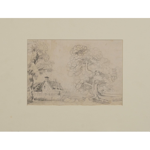 1499A - Thatched cottage beside trees and continental mountainous landscape, two 18th century and later ink ... 