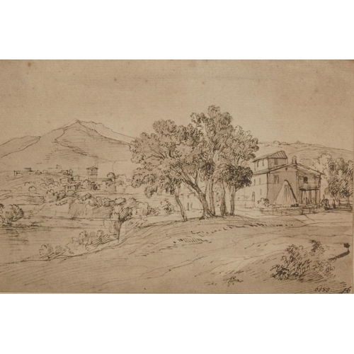 1499A - Thatched cottage beside trees and continental mountainous landscape, two 18th century and later ink ... 