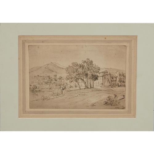 1499A - Thatched cottage beside trees and continental mountainous landscape, two 18th century and later ink ... 