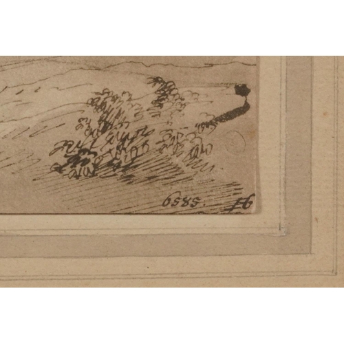 1499A - Thatched cottage beside trees and continental mountainous landscape, two 18th century and later ink ... 