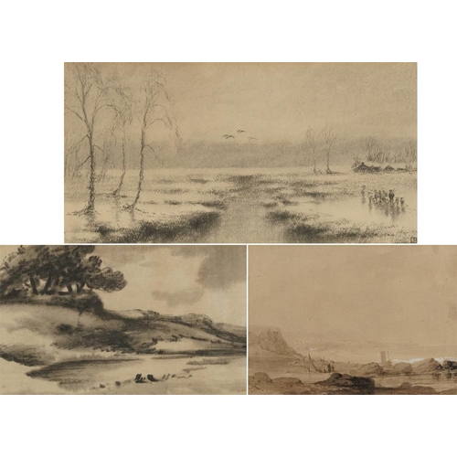 1729 - Marshland landscapes and coastal scene with boats, two 19th century charcoals, one heightened sepia ... 