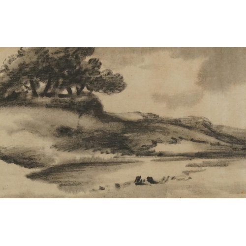 1729 - Marshland landscapes and coastal scene with boats, two 19th century charcoals, one heightened sepia ... 