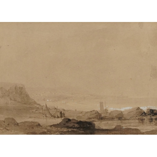 1729 - Marshland landscapes and coastal scene with boats, two 19th century charcoals, one heightened sepia ... 