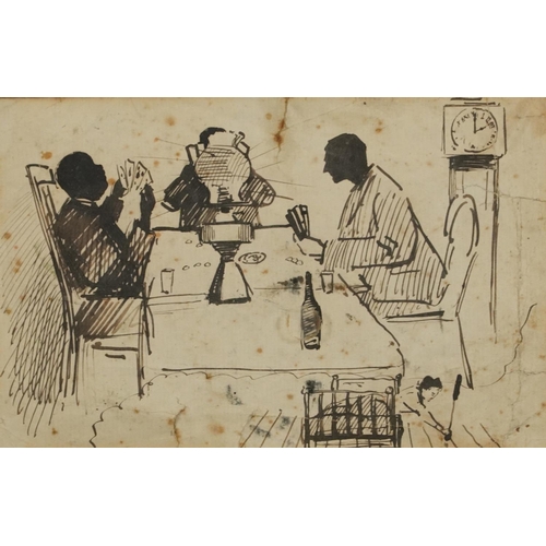 1704 - Attributed to Mark Fisher - Three figures playing cards at a table, ink illustration, various inscri... 