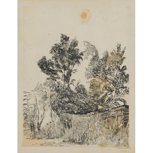 1705 - Hugh Finney 1962 - Rural landscape with trees, ink sketch, inscribed verso, mounted, framed and glaz... 