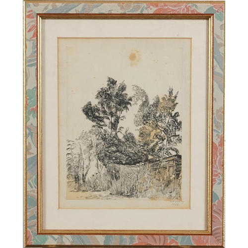 1705 - Hugh Finney 1962 - Rural landscape with trees, ink sketch, inscribed verso, mounted, framed and glaz... 