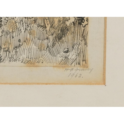 1705 - Hugh Finney 1962 - Rural landscape with trees, ink sketch, inscribed verso, mounted, framed and glaz... 