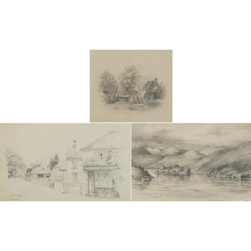 1715 - Mountainous loch scene, village street scene and figures fishing, three 19th century and later penci... 