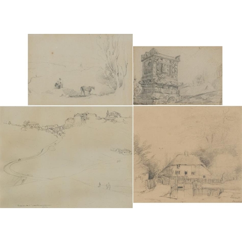 1728 - Village landscapes, figures and buildings, four 19th century and later pencils, one inscribed Louisa... 