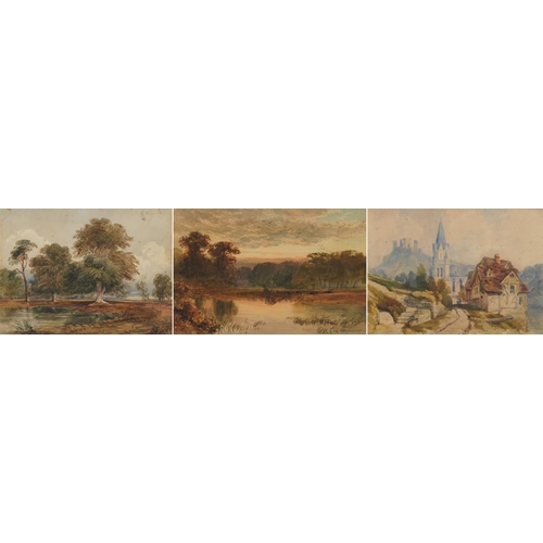 1725 - River landscapes and continental village scene with a church, three 19th century and later watercolo... 