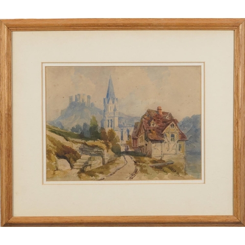 1725 - River landscapes and continental village scene with a church, three 19th century and later watercolo... 