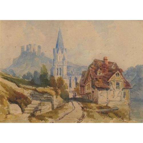 1725 - River landscapes and continental village scene with a church, three 19th century and later watercolo... 