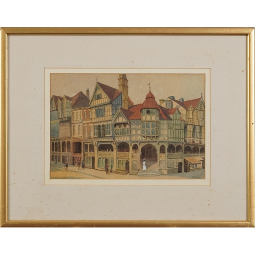 1687 - Street scene with Tudor buildings, cottages and marshland, three 19th century and later watercolours... 