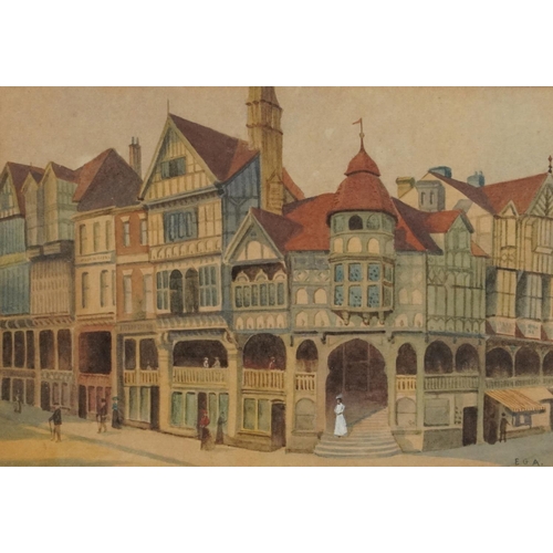 1687 - Street scene with Tudor buildings, cottages and marshland, three 19th century and later watercolours... 