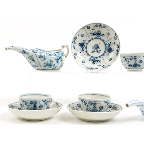 1219 - Continental blue and white porcelain comprising three cups and saucers and two invalid feeders, the ... 