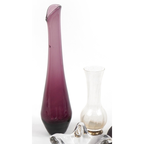 1262 - Art glassware comprising amethyst leaf bowl, amethyst vase, two clear glass examples with silver bas... 