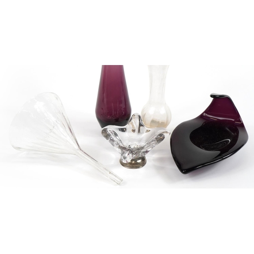 1262 - Art glassware comprising amethyst leaf bowl, amethyst vase, two clear glass examples with silver bas... 