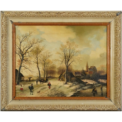 1732 - Dutch winter landscape with figures before a church, oil on board, mounted and framed, 52.5cm x 41cm... 