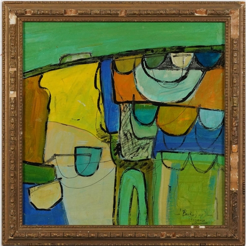 1518 - Abstract composition, banked up, St Ives school oil on board, mounted and framed, 31.5cm x 31.5cm ex... 