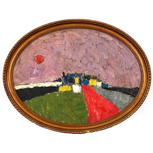 1664 - Abstract composition, geometric shapes, Russian school oval impasto oil on board, mounted and framed... 