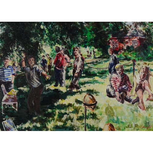 1542 - After Laura Knight - Figures in a garden setting, oil on board, mounted and framed, 34.5cm x 24.5cm ... 