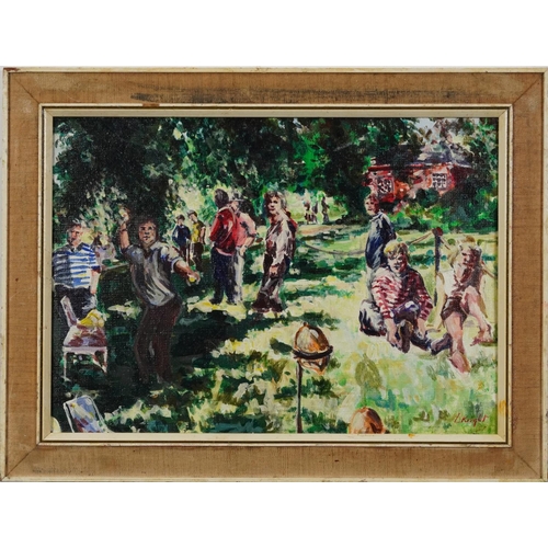 1542 - After Laura Knight - Figures in a garden setting, oil on board, mounted and framed, 34.5cm x 24.5cm ... 