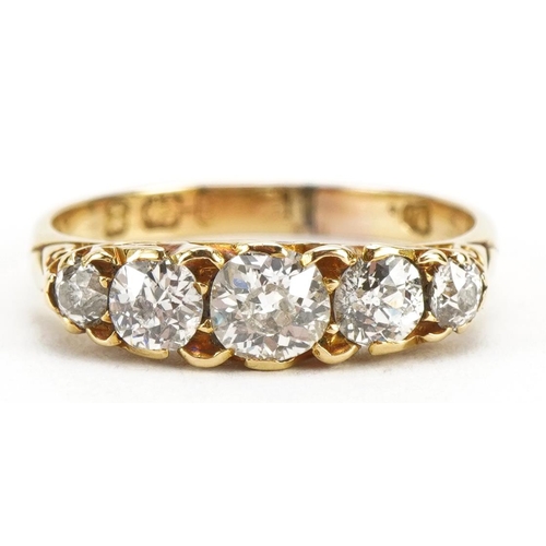 2018 - Victorian 18ct gold diamond five stone  ring, Birmingham 1897, the largest central diamond approxima... 