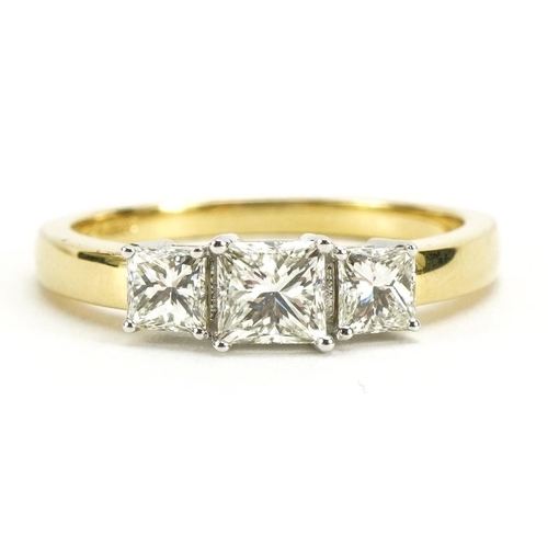2038 - 18ct gold three stone diamond princess cut ring, total diamond weight approximately 1.00 carat, size... 