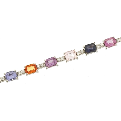 2066 - 18ct white gold multi coloured sapphire and diamond bracelet, total sapphire weight approximately 11... 