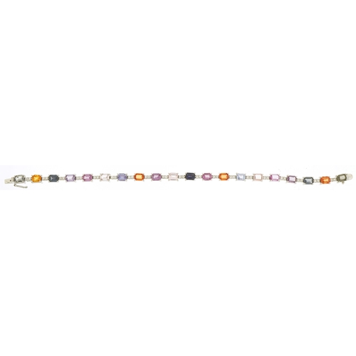 2066 - 18ct white gold multi coloured sapphire and diamond bracelet, total sapphire weight approximately 11... 