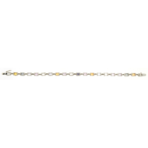 2066 - 18ct white gold multi coloured sapphire and diamond bracelet, total sapphire weight approximately 11... 