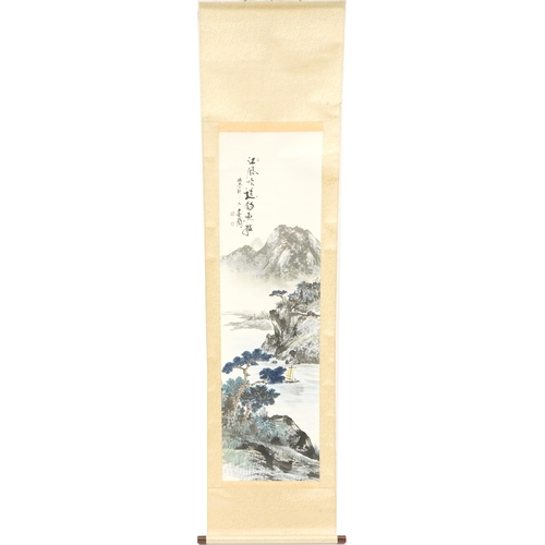 1251 - Three Chinese wall hanging scrolls including one hand painted with flowers signed with calligraphy a... 