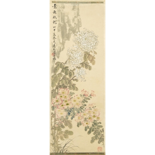 1251 - Three Chinese wall hanging scrolls including one hand painted with flowers signed with calligraphy a... 