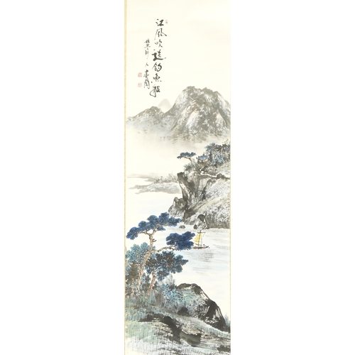 1251 - Three Chinese wall hanging scrolls including one hand painted with flowers signed with calligraphy a... 