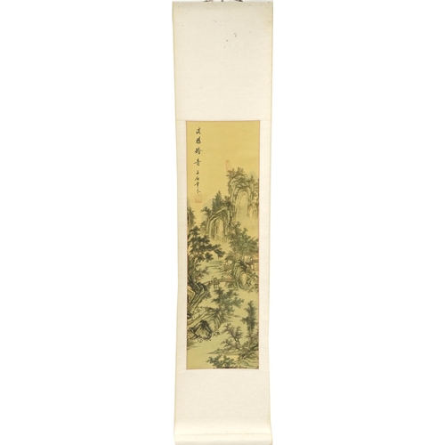 1251 - Three Chinese wall hanging scrolls including one hand painted with flowers signed with calligraphy a... 