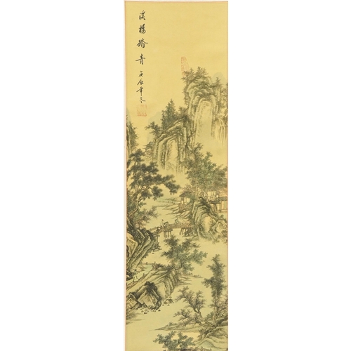 1251 - Three Chinese wall hanging scrolls including one hand painted with flowers signed with calligraphy a... 