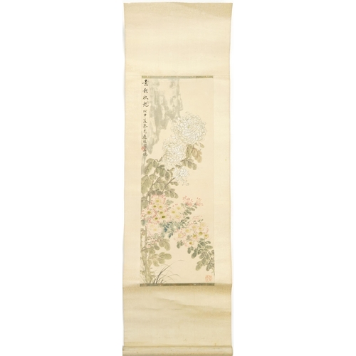 1251 - Three Chinese wall hanging scrolls including one hand painted with flowers signed with calligraphy a... 