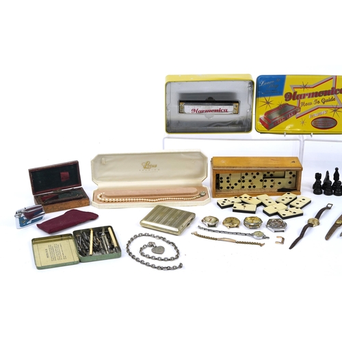 1279 - Sundry items including wristwatches, folding pocket knives, harmonica, Dominoes and chess set