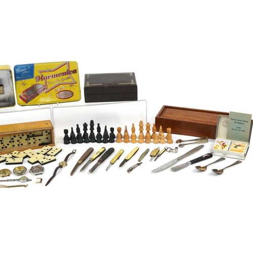 1279 - Sundry items including wristwatches, folding pocket knives, harmonica, Dominoes and chess set