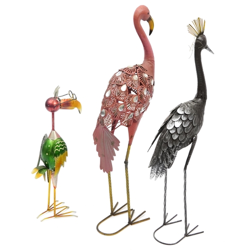 1236 - Three painted metal floor standing birds including a flamingo, the largest 97cm high