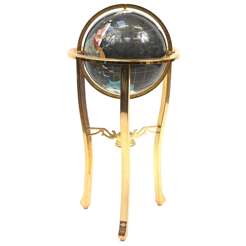 1235 - Gilt brass floor standing semi precious stone globe with compass undertier, 90cm high