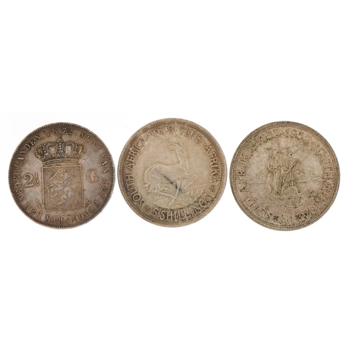 494 - Two South African five shillings and a Willem III Koning two and a half guilders, 81.6g