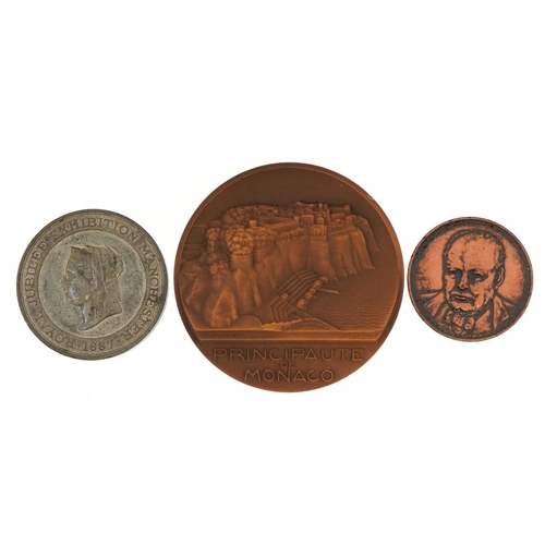 559 - Three medallions with fitted cases including Winston Churchill and Royal Jubilee Exhibition Manchest... 