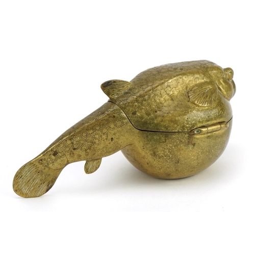 106 - Chinese patinated bronze box and cover in the form of a fish, possibly for incense, 15.5cm in length