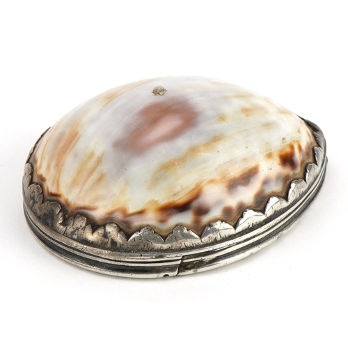 2702 - Antique continental silver mounted cowrie shell snuff box, impressed I. C maker's mark to the interi... 