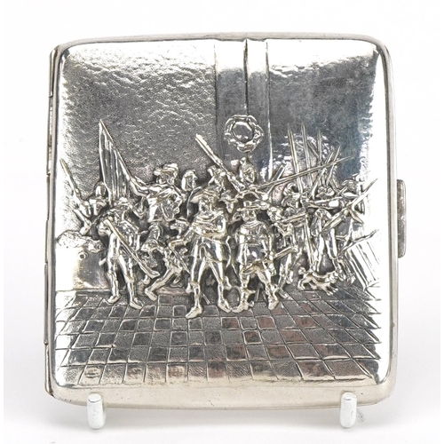 2706 - Charles Horner, military interest silver plated cigarette case embossed with The Night Watch, 8.5cm ... 