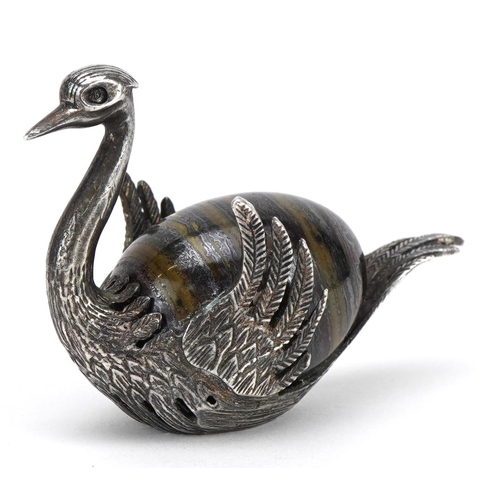 2731 - Miniature 925 silver swan with polished hardstone body, possibly agate, 5cm in length, 32.0g